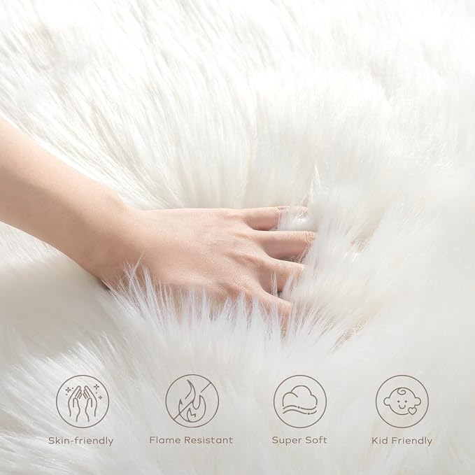 Ashler Faux Fur Rug, Fluffy Shaggy Area Rug Ultra Soft 6 x 9 Feet Rectangle Fur Rug White Fuzzy Rug Machine Washable Shag Rug, Nursery Decor Throw Rugs for Bedroom, Kids Room, Living Room