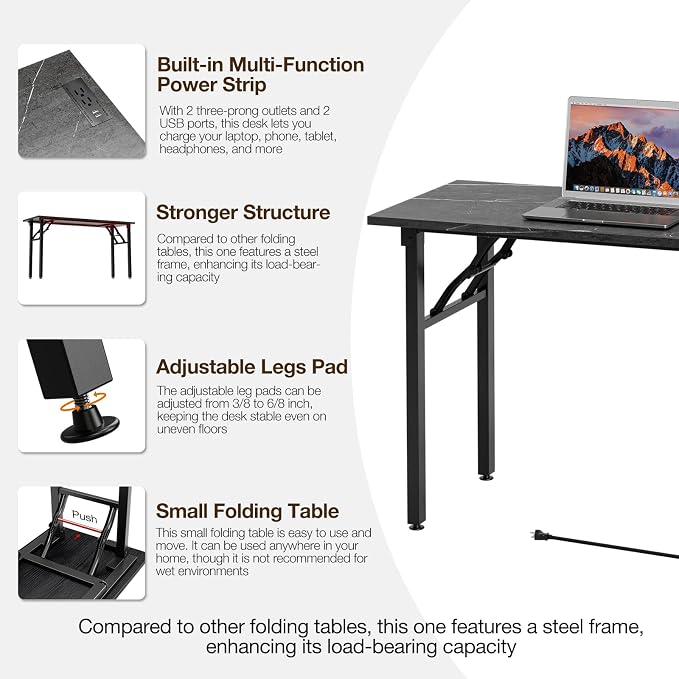 TEMI Small Computer Desk Folding Table - No Assembly, Compact 55.1" Foldable Desk with Power Outlets & USB Charging Port, Portable Small Office Desk, Ideal Mini Study Table, Marble Greige