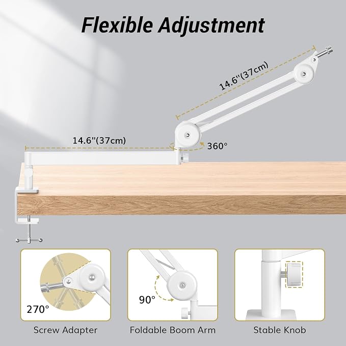 Tonor Mic Arm Desk Mount, Low Profile Boom Arm, Microphone Arm, Adjustable Mic Stand with Desk Mount Clamp, 3/8’’ and 5/8’’ Screwadapter for Most Mic, 37 cm +37 cm(14.6''+14.6''), White, T40LP