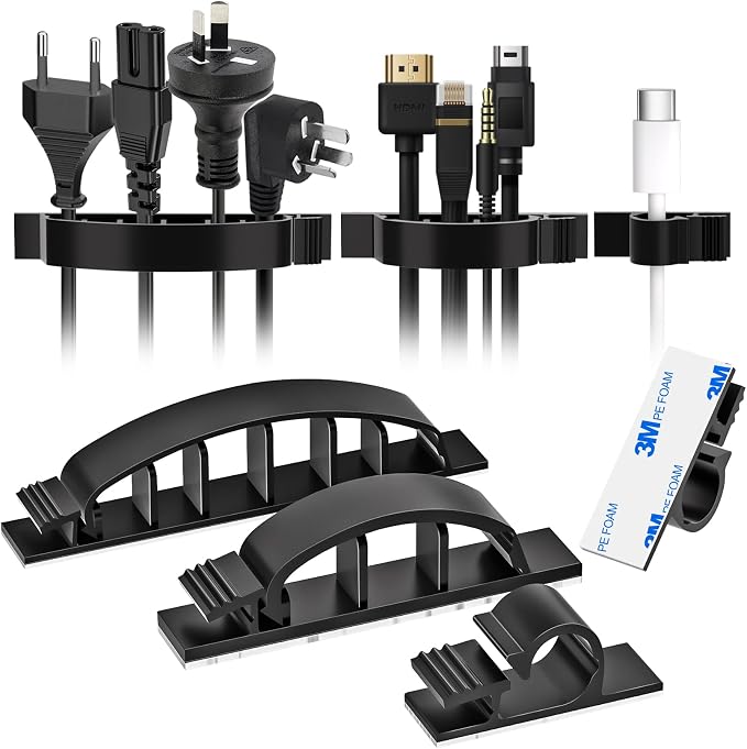XHF 30pcs Adhesive Cable Wire Clips Kit Black, Outdoor Cable Management Wire Organizer Cord Holder for Under Desk, Car, Wall, TV PC Ethernet Cable
