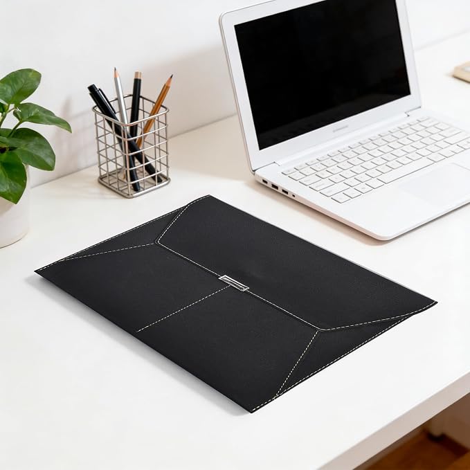 VANRA File Folder Document Holder Organizer Waterproof Portfolio Leather Folder Case with 3 Pockets, Filing Envelopes for A4 Letter Size Paper with Snap Magnetic Button Closure (Black)