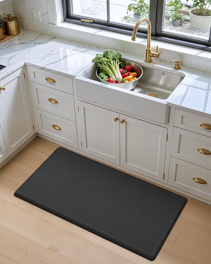 DEXI Kitchen Mat Cushioned Anti Fatigue, Extra Thick Comfort Standing Floor Mats Waterproof, Memory Foam Antifatigue Runner Rug for Desk Office, Sink, Laundry, 48x20, Black