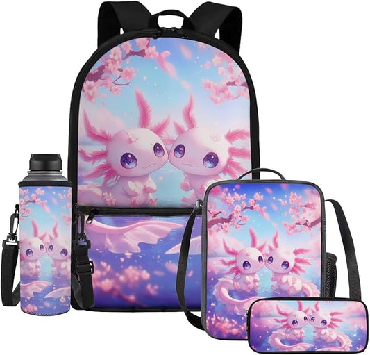 WELLFLYHOM Kid Axolotl School Backpack with Lunch Box for Elementary Girl Back to School Supplies, Pink 17 Inch Cherry Blossom 4 In 1 Bookbag with Wider Strap to Reduce Shoulder Pressure