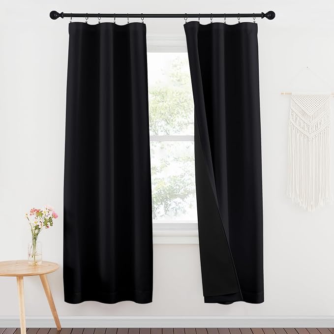 NICETOWN 100% Blackout Window Curtain Panels, Rod Pocket Full Light Blocking Drapes with Black Liner for Nursery, 72 inches Drop Thermal Insulated Draperies (Black, 2 Pieces, 37 inches Wide Per Panel)