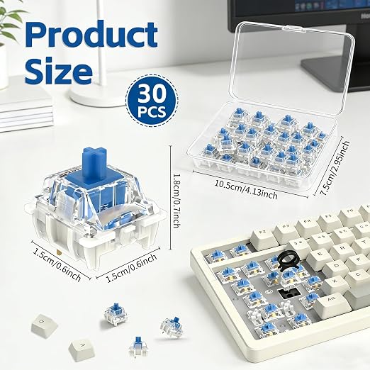 30 Pcs Keyboard Switches, 3 Pin Dustproof Mechanical Keyboard Switches, Clicky, Accurate Typing, Keyboard Clicker for Gaming, Typing, DIY Custom Keyboards & Clickers for 3D Prints (Blue)