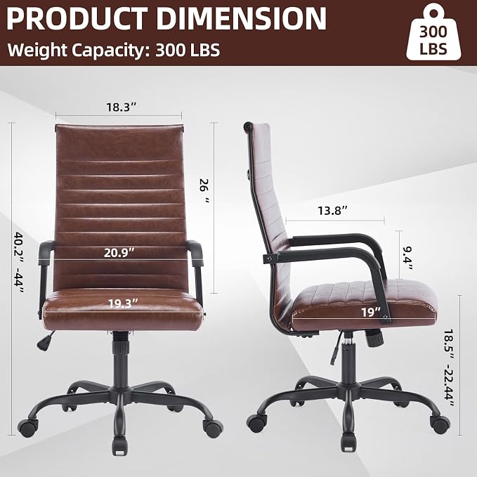 Office Chair, Ergonomic Executive Conference Room Chairs, Ribbed Leather Desk Chair with Lumbar Support, Adjustable Height Mid-Back Swivel Chair with Padded Seat