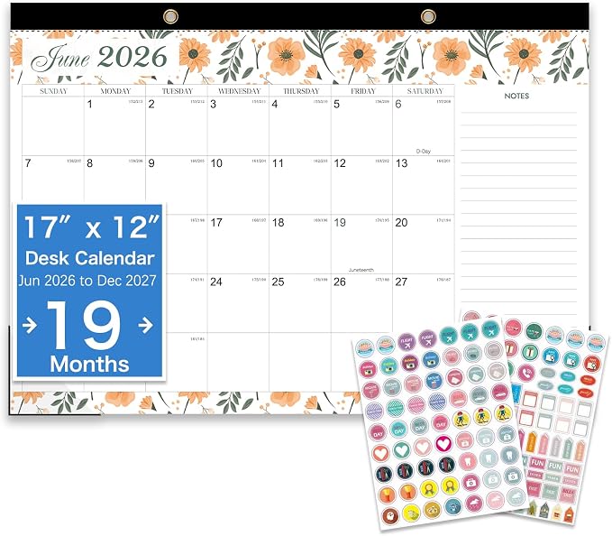 Desk Calendar 2026-2027 - 19 Month Desk Calendar july 2026-2027 Dec, 17" x 12", Large Monthly Desktop Calendar with Plastic Cover, Thick Paper, Corner Protectors - Floral (2 Stickers Included)