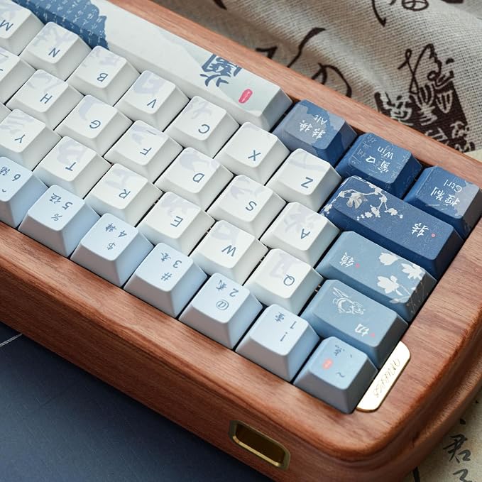 Blue White keycap 130 Key Dye Sublimation PBT keycaps Chinese Calligraphy Keycap Keycaps Cherry Profile Creamy Custom Keycap Set for 60%/65%/75%/TKL/96%/100% US Layout Mechanical Keyboard