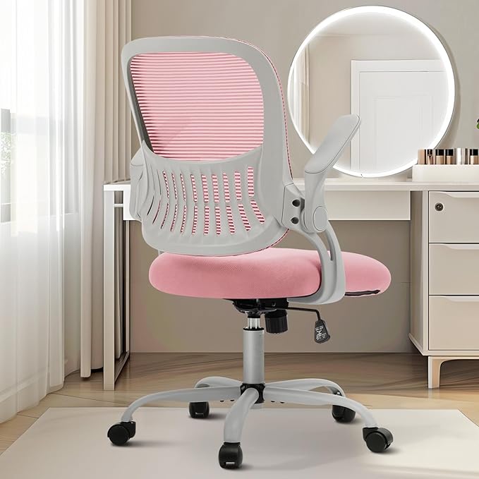 Sweetcrispy Home Office Managerial Executive Chair, Ergonomic Mesh Adjustable Swivel Mid-Back Chair with, Flip-up Arms, Comfortable Lumbar Support, Comfy Arms for Bedroom,Study,Student