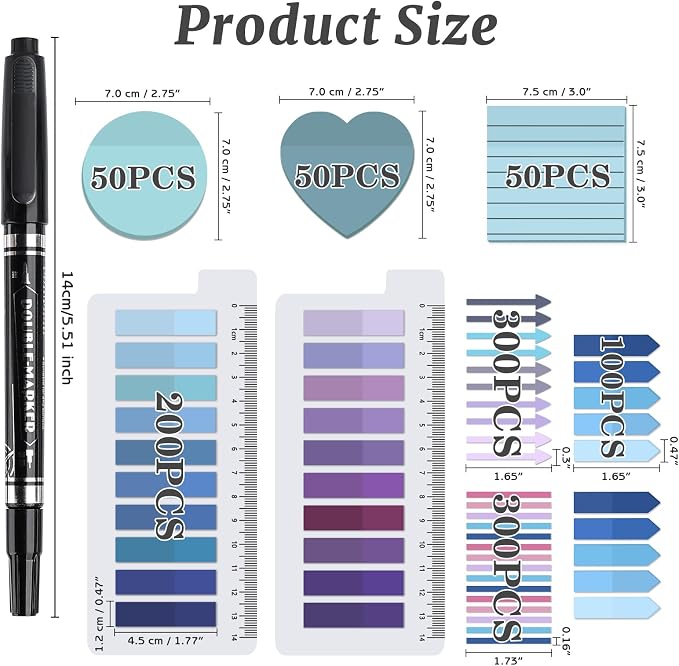 1450 Sheets Transparent Sticky Notes, 3 x 3 inch Aesthetic Clear Lined Sticky Notes with Pen, Gradient Color Waterproof Self-Adhesive Annotation Tabs for Bible Journaling (Blue & Purple)