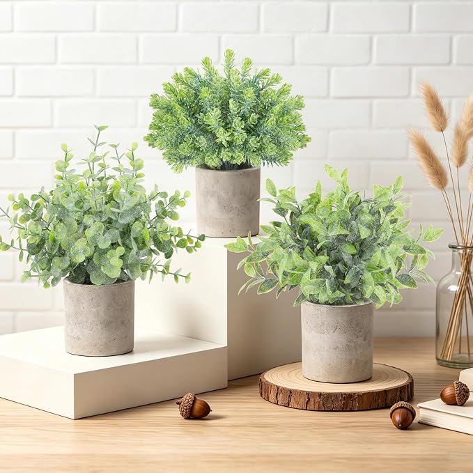 ZAIYW 3 Pack Small Fake Plants, Mini Potted Artificial Greenery Plants, Desk Plant Eucalyptus Rosemary for Indoor Home Office Table Shelf Farmhouse Bathroom Decor (Sage Green)