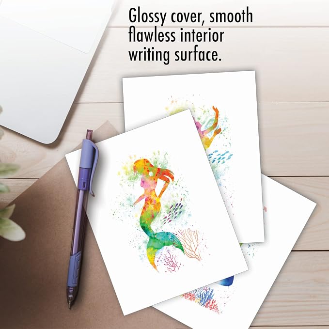 The Best Card Company Assorted Watercolor Blank Greeting Card Box Set - Incl. 10 Notecards + Envelopes, 10 Unique Designs for Thank You, Invitations, More - Funky Rainbow Mermaids AM6863OCB-B1x10