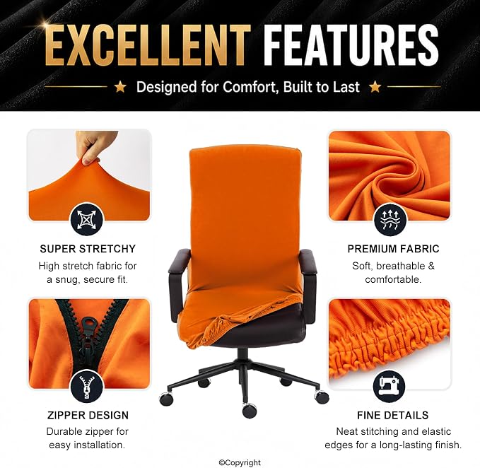 Stretch Computer Office Chair Cover with Durable Zipper - Universal Washable Removable Spandex Rotating Boss Chair Slipcovers - Anti-dust Soft Desk Chair Seat Protector for Dogs, Cats, Pets (Orange)