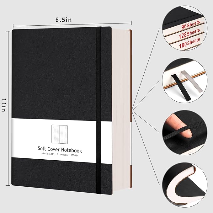 AHGXG Dotted Journal - Large A4 Notebook Dotted, 8.5''×11'', 320 Pages Dot Grid Notebook, 100gsm Thick Paper, Leather Softcover, with Journal Stencils, Inner Pocket, Black