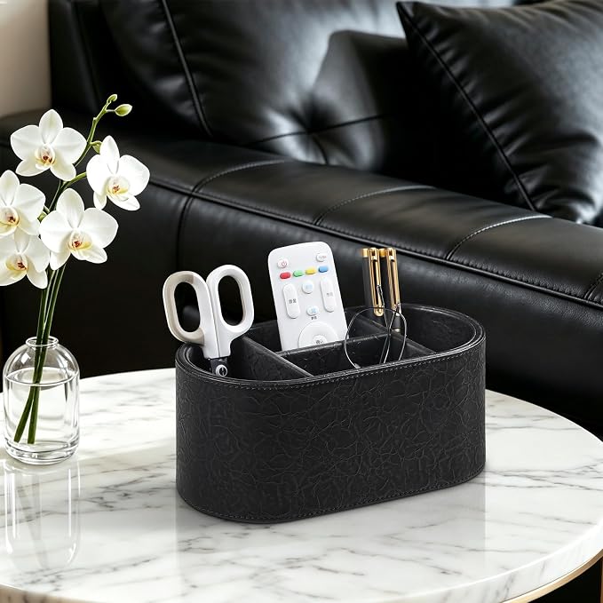 Oval Remote Control Holder, 4-Compartment Desk Nightstand Organizer | Crinkled Finish PU Leather Desk Organizer, Waterproof Desk Caddy for Remote Controls, Makeups, Pens & Office Supplies
