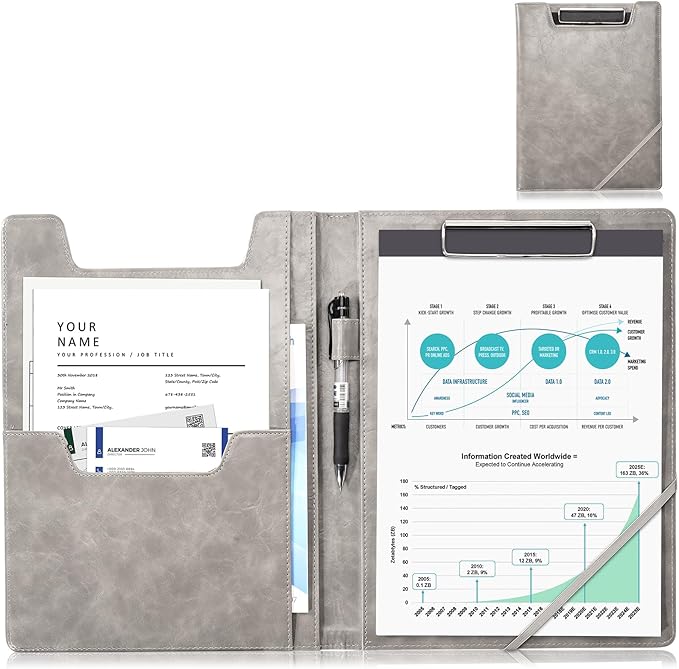 ProCase Clipboard Folder Portfolio, Leather Business Padfolio Organizer Letter Size Professional Folder Binder for Interview Meeting Resume Office Conference School -Grey