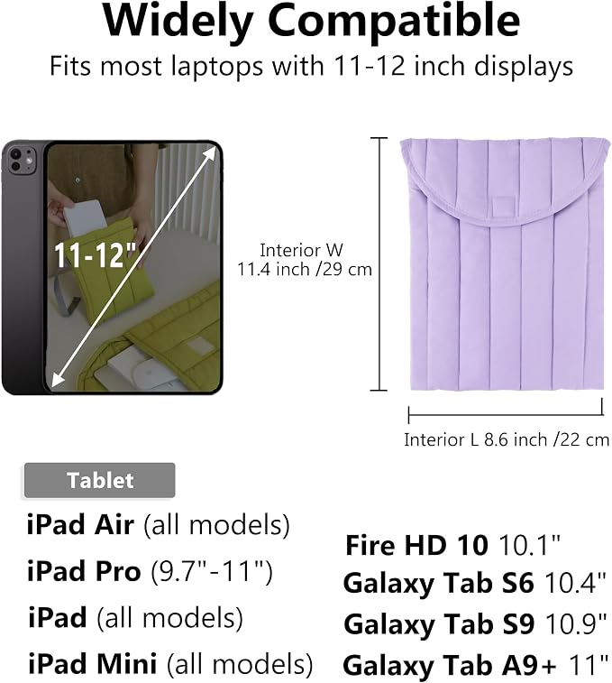 Puffy Laptop Sleeve Set 11-12 Inch Purple, Protective Carrying Case for Men and Women, Cute Case Bag Compatible with 11 and 12 Inch Laptops, 11" iPad pro, 11" iPad Air, 10.9"/10.2" Ipad in Cover