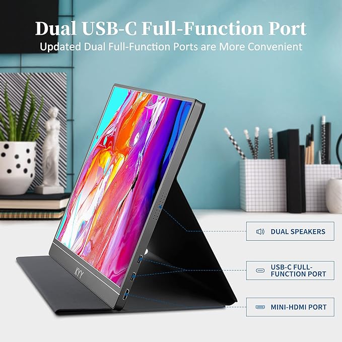 KYY Portable Monitor 15.6inch FHD 1080P USB-C Laptop HDMI Gaming Monitor w/Premium Smart Cover & Dual Speakers, External HDR Computer Display for PC MAC Phone Xbox PS4 Switch