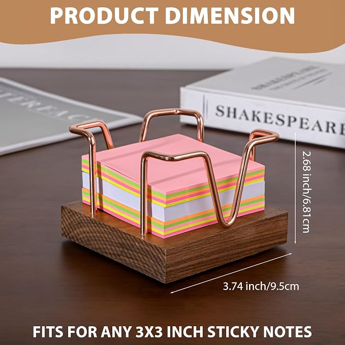 Walnut Wood Sticky Note Holder, 3 x 3 inch Self Stick Note Pad Holder, Post It Note Dispenser Desk Accessories for School and Office Desk Organizer, Rose Gold