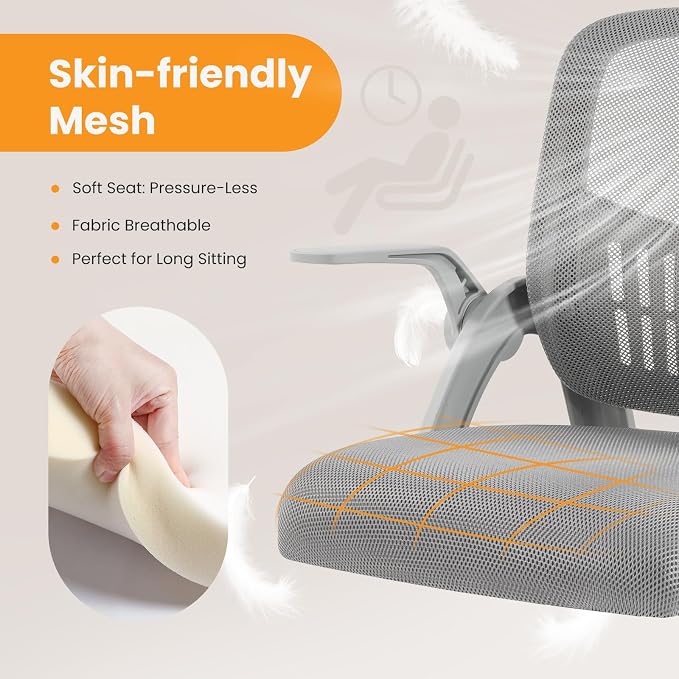 Sweetcrispy Home Office Managerial Executive Chair, Flip Up Armrest Ergonomic Mesh Adjustable Swivel Mid-Back Computer Desk Chair with Comfortable Lumbar Support, Comfy Arms for Bedroom,Study