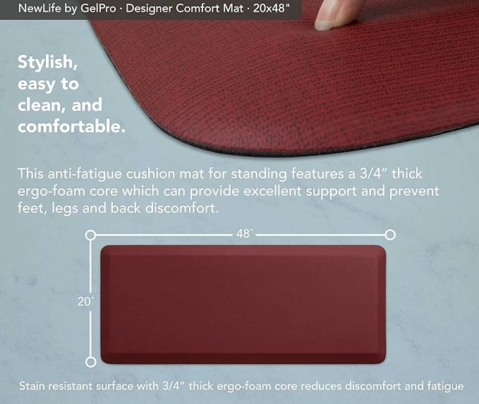 NewLife by GelPro Anti-Fatigue Designer Comfort Kitchen Floor Mat, 20x48”, Grasscloth Crimson Stain Resistant Surface with 3/4” Thick Ergo-Foam Core for Health and Wellness