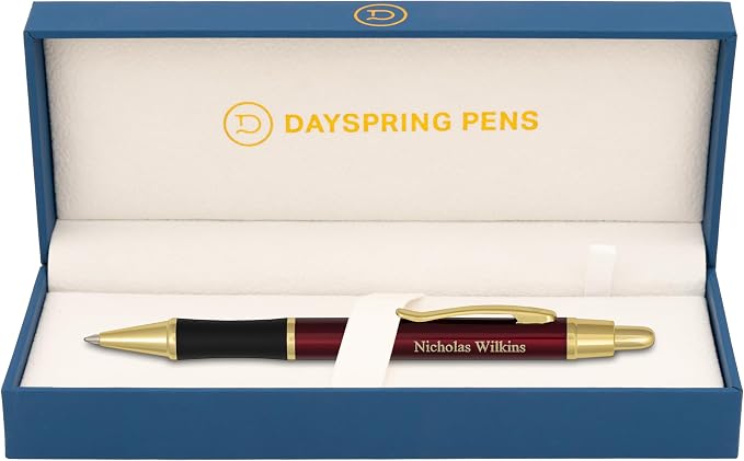 Dayspring Pens Monroe Red Ballpoint Pen, Ruby Red with 18k Gold Trim, Engraved, Click Action, All Metal, Medium Point Black Ink, Gift for Graduation, Birthdays, Career Advancement, Gift Box Included