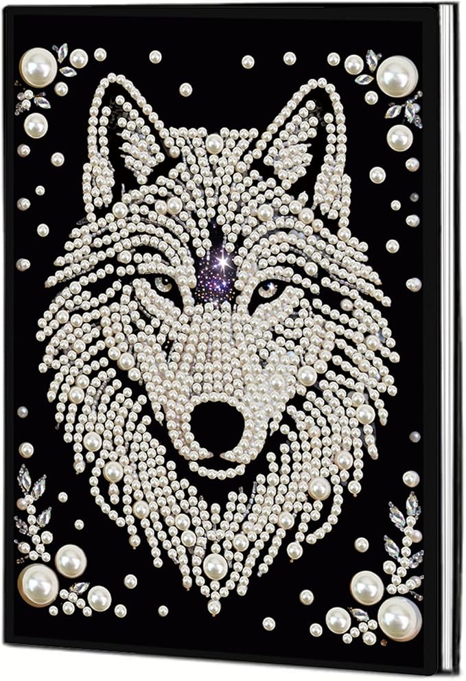 FRANDEK Pearl Painting Notebook Kit, Black and White Wolf A5 DIY Journal with 50 Blank Pages, Diamond Gem Art Cover with Waterproof Canvas, Beginner Craft Set with Full Tools for Adults