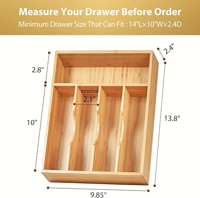 Kitchen Drawer Organizer, 10 Inch Silverware Utensil Tray Holder, Extra Deep, with Non-Slip Feet & Grooved Drawer Divider, 5 Slots Total Bamboo Wood Caddy for Flatware Cutlery Knives