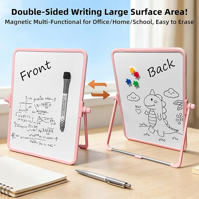 Colorful Dry Erase White Board 8.3x11in, Magnetic Desktop Board with Stand, 2 Markers (Eraser Head), 4 Magnets - Double-Sided Easel for Daily Planning, Memo, Office/Home/School (Orange)