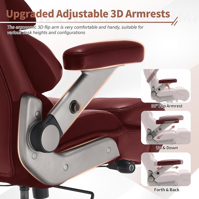 VUZI 700lbs Big and Tall Office Chair, Large Executive Leather Desk Chair | Adjustable Lumbar Support for Back Pain, Plus Size Wheels, 3D Flip Arms, Heavy Duty Metal Base, Wide Seat Computer Chair