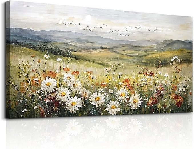 FUHAIHUA Large Framed Wall Decor For Living Room Canvas Wall Art For Office Farmhouse Wall Decorations For Bedroom Prairie Flowers Landscape Paintings Modern Pictures Artwork Home Decor 24" x 48"