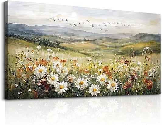 FUHAIHUA Large Framed Wall Decor For Living Room Canvas Wall Art For Office Farmhouse Wall Decorations For Bedroom Prairie Flowers Landscape Paintings Modern Pictures Artwork Home Decor 24" x 48"