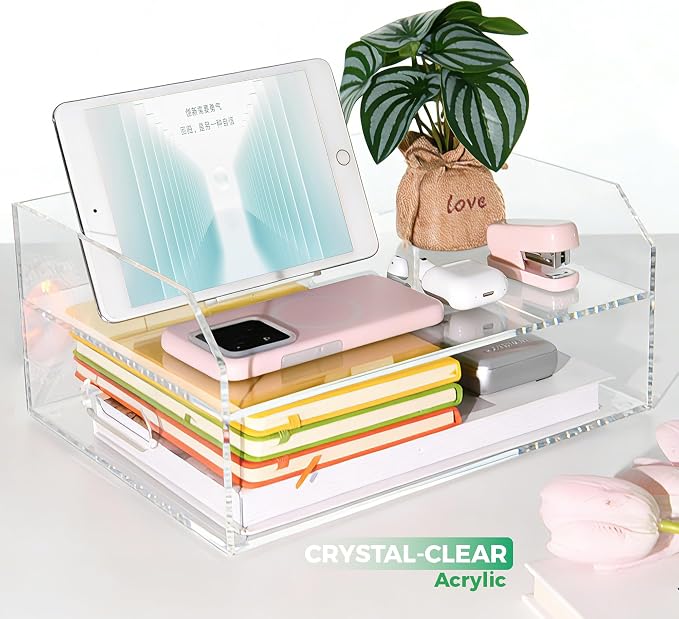 Paper Tray Organizer for Desk, 2 Tier Acrylic Desk Organizers and Accessories, One-Piece Integrated A4 Paper Organizer with Handles, Crystal-Clear Letter Tray & Compact Office File Holder