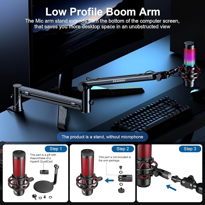 Microphone Arm,Aokeo AK-58 Desk Low Profile Adjustable Mic Boom Arm Stand,Suitable For Blue Yeti,Snowball iCE, HyperX QuadCast,SoloCast,Elgato Wave,Etc