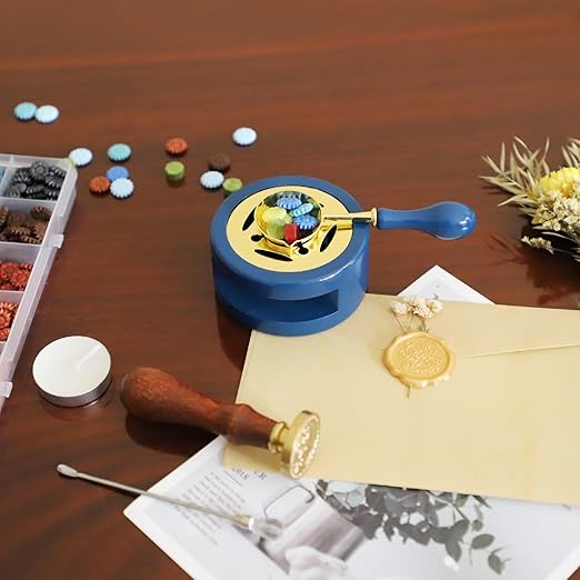 Blue Wax Seal Warmer Furnace Kit with Spoon & Stir Stick and Tealight Candles Set for Wedding Wax Envelope Seal Stamp (Dark Blue)