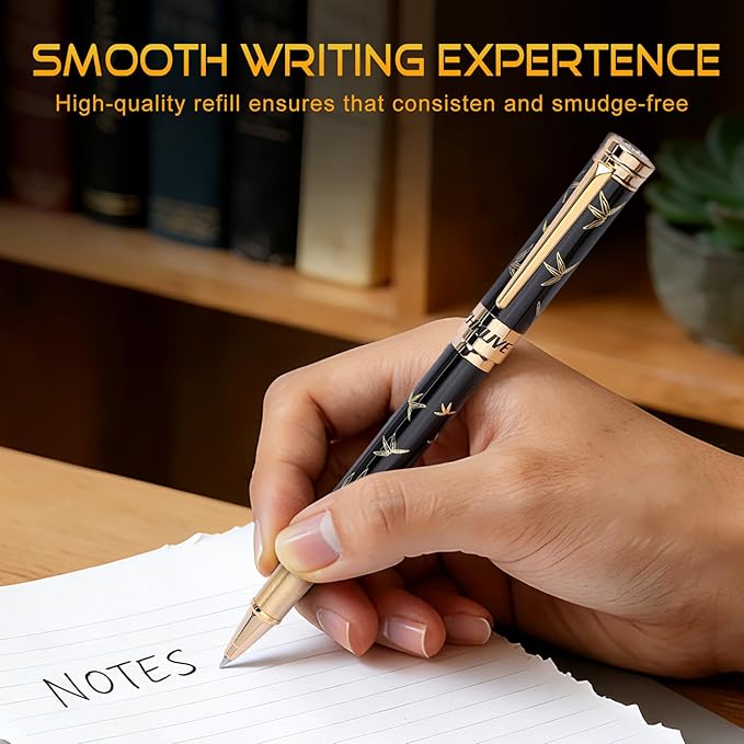 ZHKUVE Luxury Rollerball Pen,Stunning Black Lacquer with bamboo leaf patterns,Switzerland Tip with Black Ink Refills, Elegant Gift Set For Men & Women, Executive Writing, Nice Fancy
