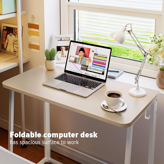 WOHOMO Folding Desk, Small Foldable Desk 31.5" for Small Spaces, Space Saving Computer Table Writing Workstation for Home Office, Easy Assembly, Oak