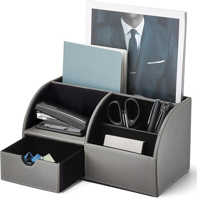 VLANDO PU Leather Desk Drawer Organizer with 6 Compartments | Office Supplies for Desk, Nightstand Organizer,Home Office School Supplies,Gray