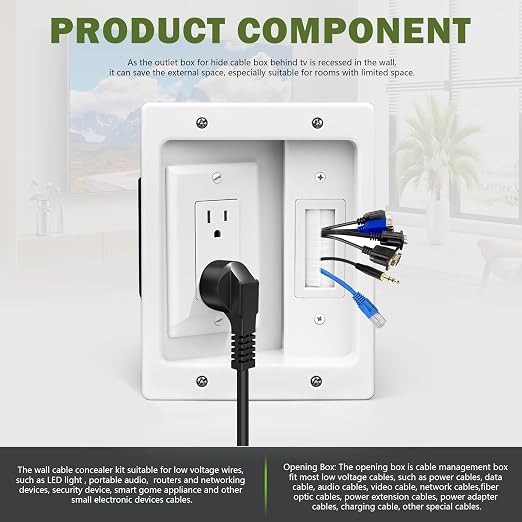 Wall Cable Concealer Management Box Recessed Outlet Wall Mount Behind TV | Cable Management Recessed Outlet Kit in Wall TV Connection Kit Hides Power Cables & Low Voltage Wires Fits All Plugs