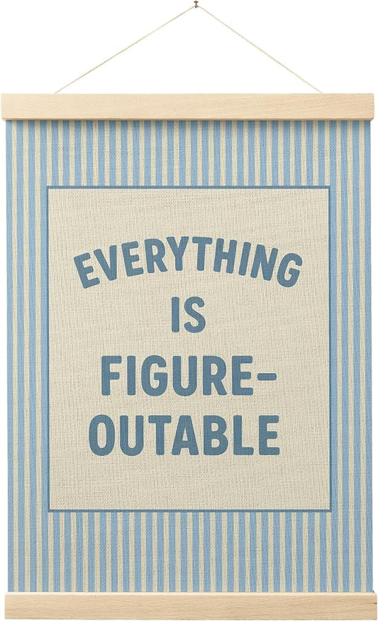 FGFK Preppy Blue Everything Is Figureoutable Inspirational Wall Art Poster Hanger Frame, Trendy Blue Striped Positive Affirmations Canvas Prints Framed Wall Decor for Girls Bedroom Dorm, 12x16 Inch