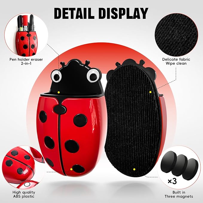 Magnetic Pen Holder for Fridge Whiteboard, 2-in-1 Magnetic Marker Holder Dry Erase Marker Whiteboard Eraser, Cute Ladybug Pencil Cup Desk Organizer for Classroom Office School Home (4-Pack)
