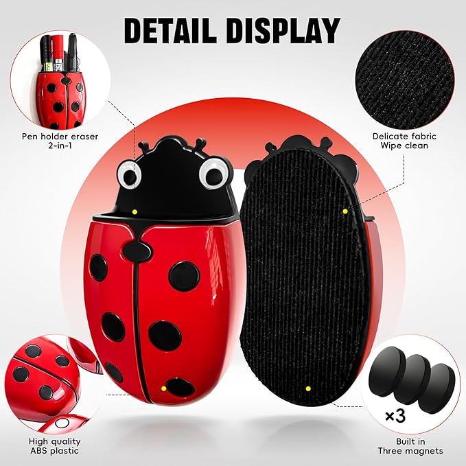 Cute Ladybug Magnetic Pen Holder, Strong Magnet for Glass Whiteboard, Refrigerator & Locker - 2 Pack Marker Organizer, Dry Erase Marker Holder for School, Home & Office (Red)