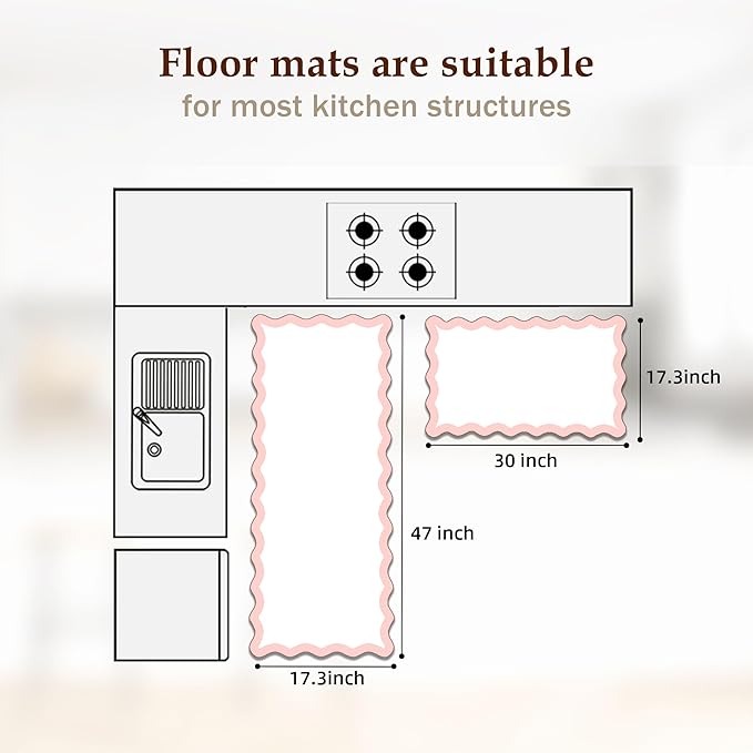 Scalloped Pink Kitchen Mats Rugs Sets of 2 Cushioned Anti Fatigue Floor Mat Waterproof Kitchen Rugs Non Slip Foam Comfort Standing Mat for Sink Laundry