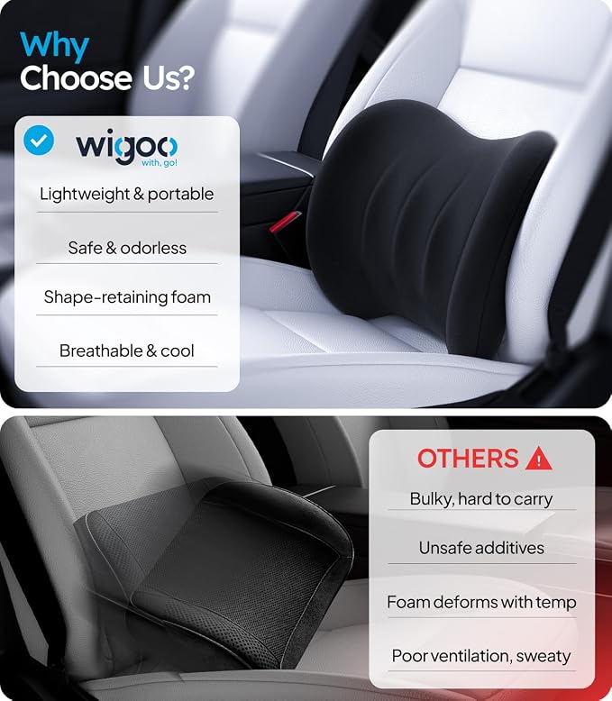 Wigoo Lumbar Support Pillow for Car-Office Chair, Black 1-Pack | Memory Foam| Ergonomic| Universal Fit