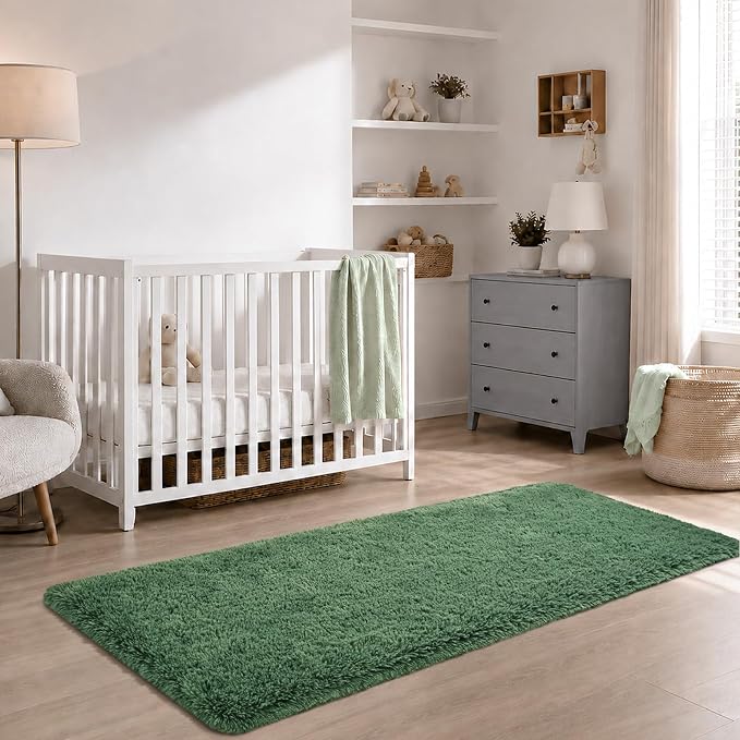 Zentavio Runner Rugs for Hallway 2x6 Shag Soft Bedroom Bedside Rugs Non Slip Fluffy Carpet for Kids Girls Boys Home Decor Aesthetic Dorm Nursery Emerald Green