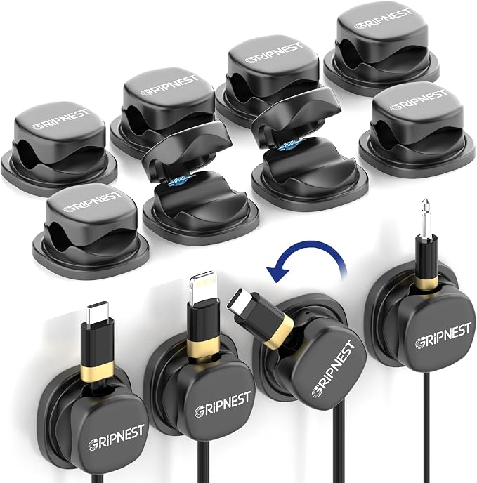 Cable Clips 12 Pack Rotatable Cord Organizer with Adhesive | 360° Rotatable, Tangle-Free Cable Management for Desk, Car, Wall & Nightstand