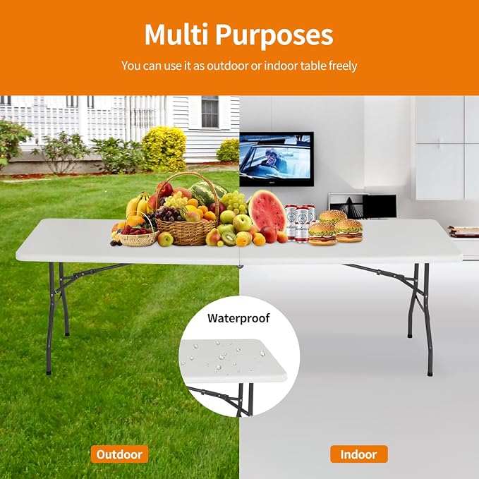 BestOffice 8 FT Picnic Table Plastic Camping Table Portable Square Height Folding Table Perfect for Picnics, Parties, Party and Camping, White