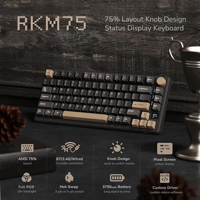 RK ROYAL KLUDGE M75 Wireless Mechanical Keyboard 2.4Ghz/BT5.1/USB-C Gaming Keyboard 75% Layout 81 Keys Gasket Mount with OLED Display & Knob RGB Backlight Hot-Swappable Light Switch, Grey