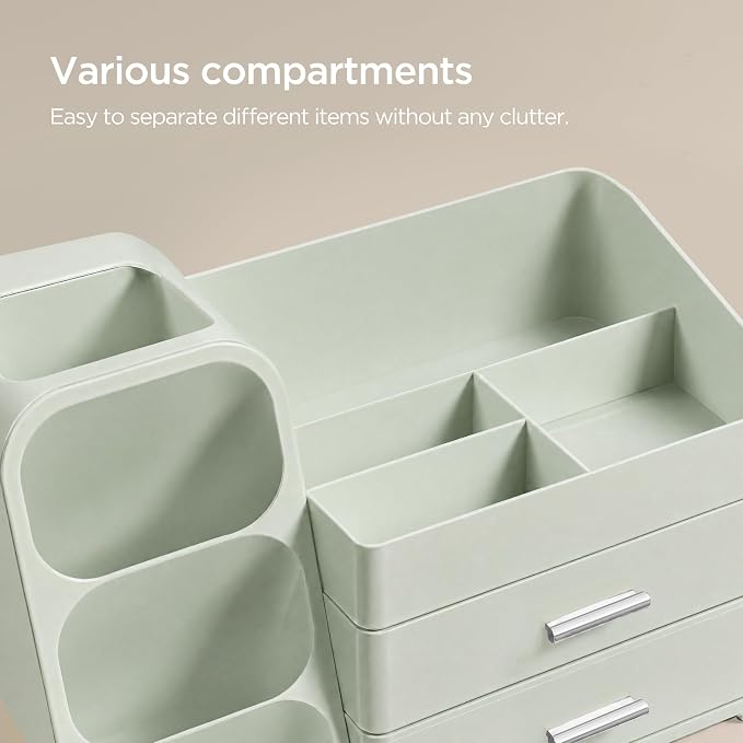 HBlife Desk Organizer with Pen Pencil Holder for Desk, Pen Organizer with 2 Drawers, Desk Organizers and Accessories with 4 Compartments, Desktop Storage for Office Home School Art Supplies, All Green