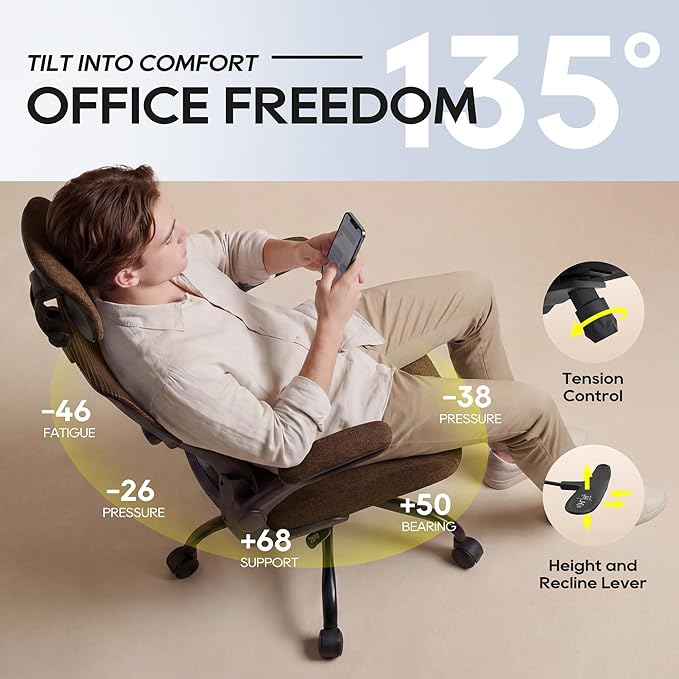 Ergonomic Office Chair, High Back Mesh Desk Chair with Adjustable Lumbar Support & Headrest, Flip-up Armrest, Computer Task Chairs for Home and Executive Office (B-Brown)